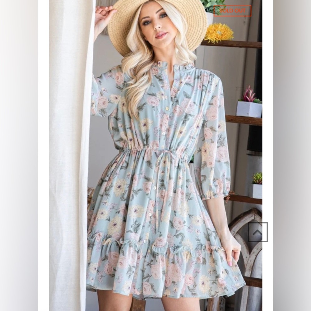 JODIFL Quarter Sleeve Chiffon Floral Blue Dress